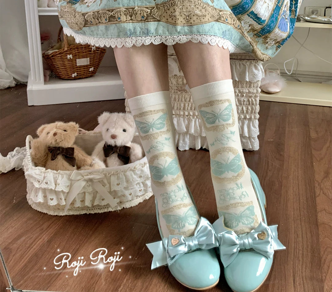 Roji Roji - Sweet Lolita Cotton Socks, Detachable Cuff Bow Trim