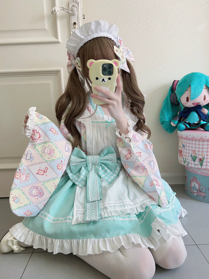 Sugar Girl - Showa Sweetness - Maid Wa Lolita Skirt Set Cute Summer Lolita Bow Apron
