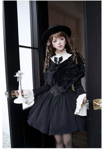 With PUJI - Old Testament - Classic Lolita Coat Black Plush Lolita Cape and Brooch