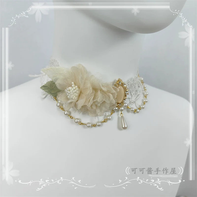 Cocoa Jam - Elegant Lolita Necklace Rose Gemstones and Pearl Necklace