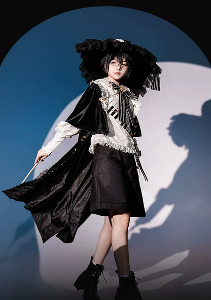 Forest Fluorescent Carps - Black and White Sonata - Ouji Lolita Vest Suit and Vintage Lolita OP Dress