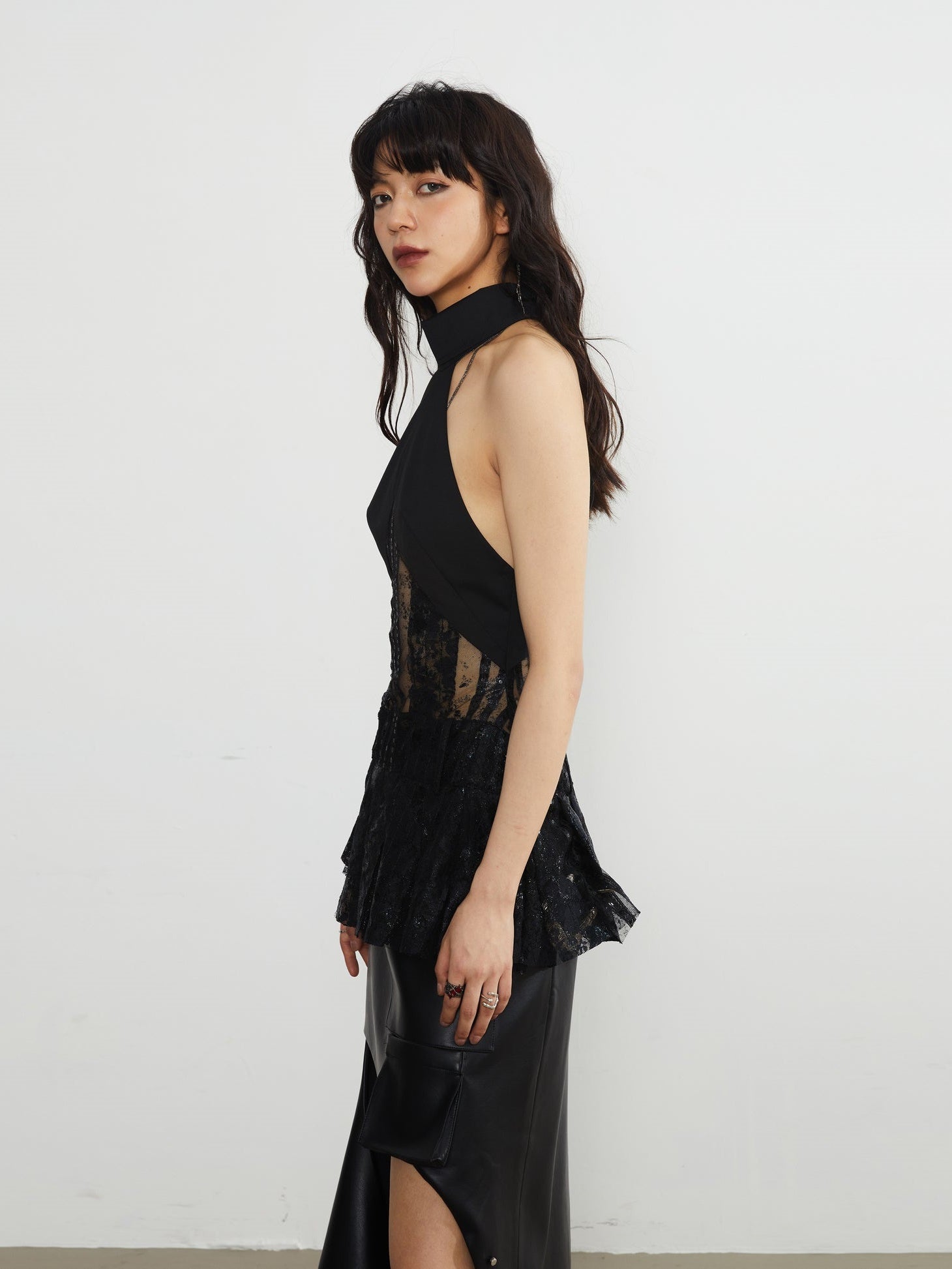 Lace Sequins Pleated Hem Hanging Neck Top