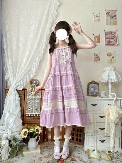 Qianmu - Summer Floral Tea - Country Lolita Cotton Jumper Dress Burlap Dress
