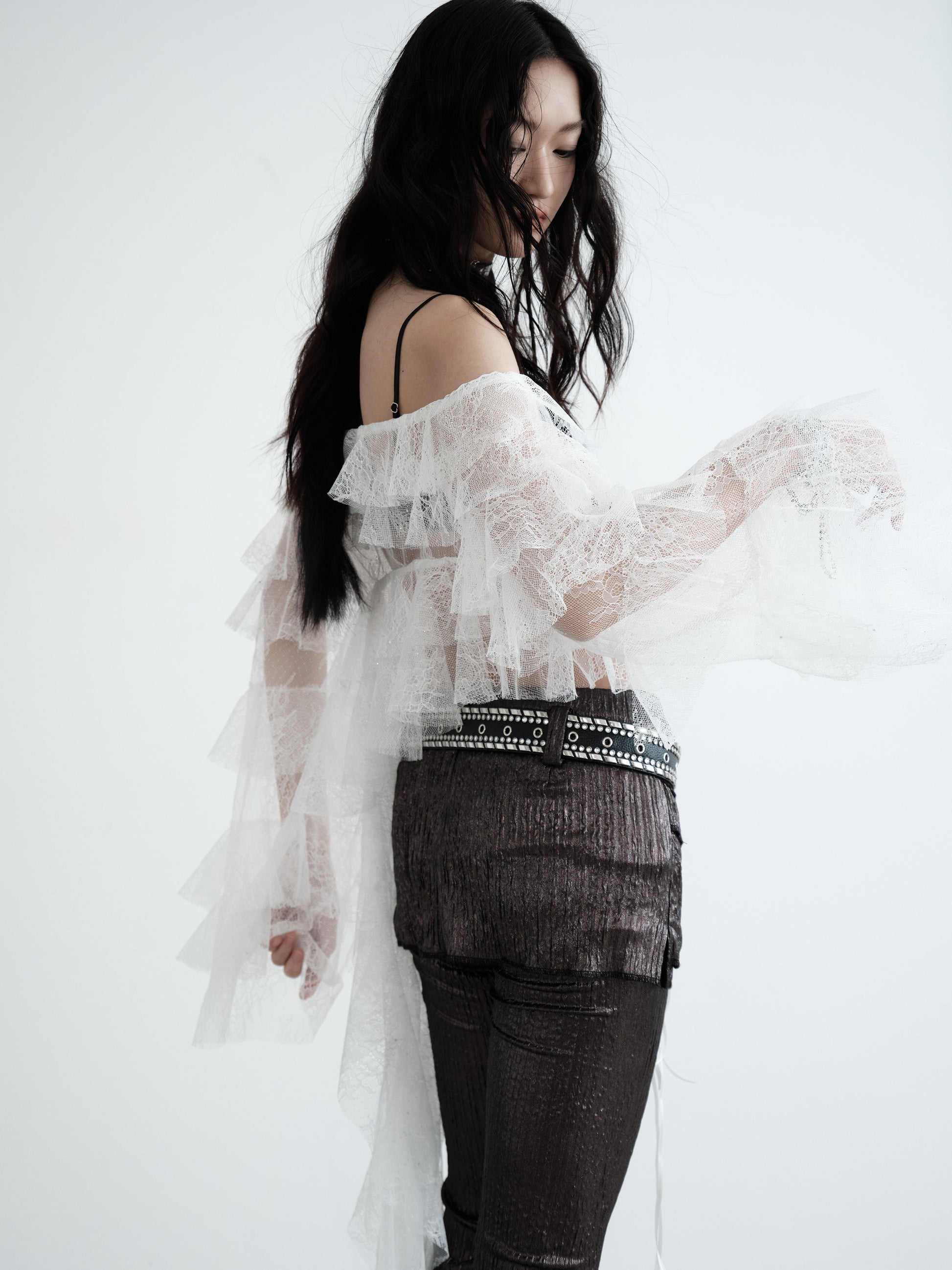 Asymmetrical Sheer Ruffled Lace Blouse