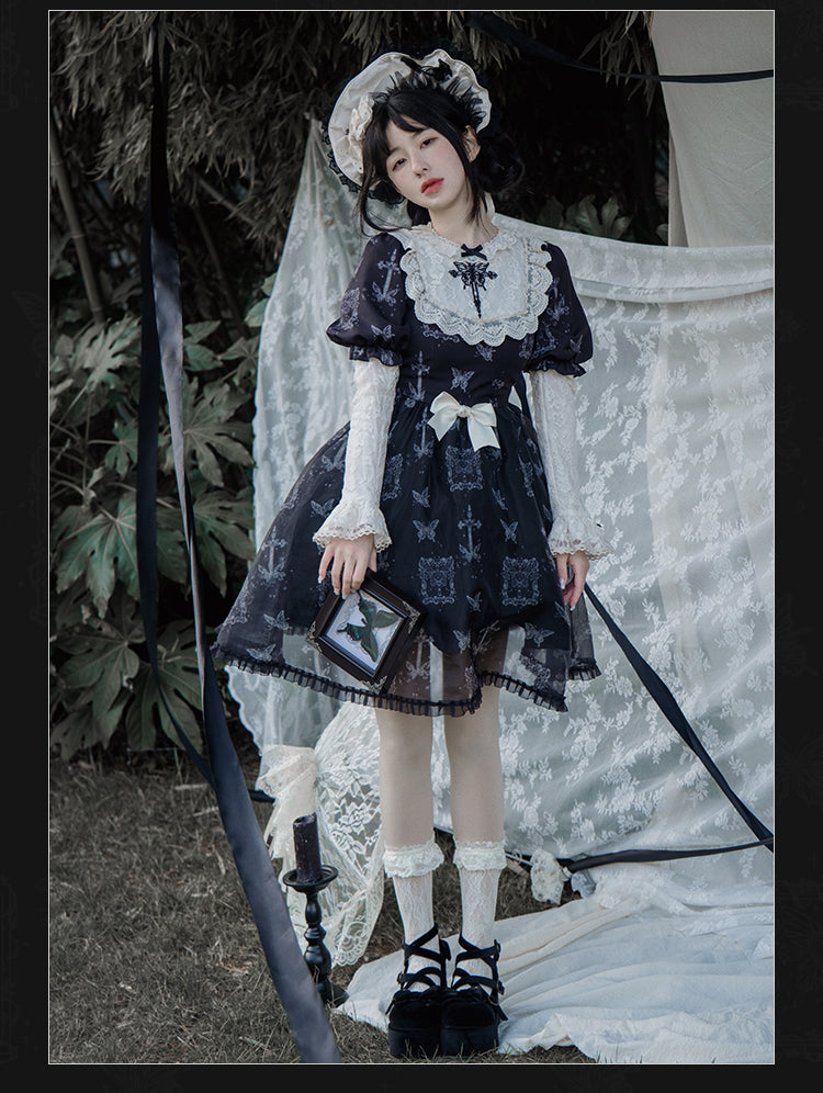 With PUJI - Gothic Butterfly Printing Embroidery Lolita OP