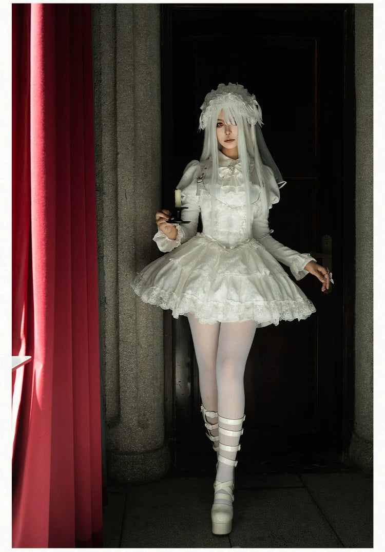 With PUJI - Fallen Heaven - White Gothic Lolita OP Set, Double Layered Skirt
