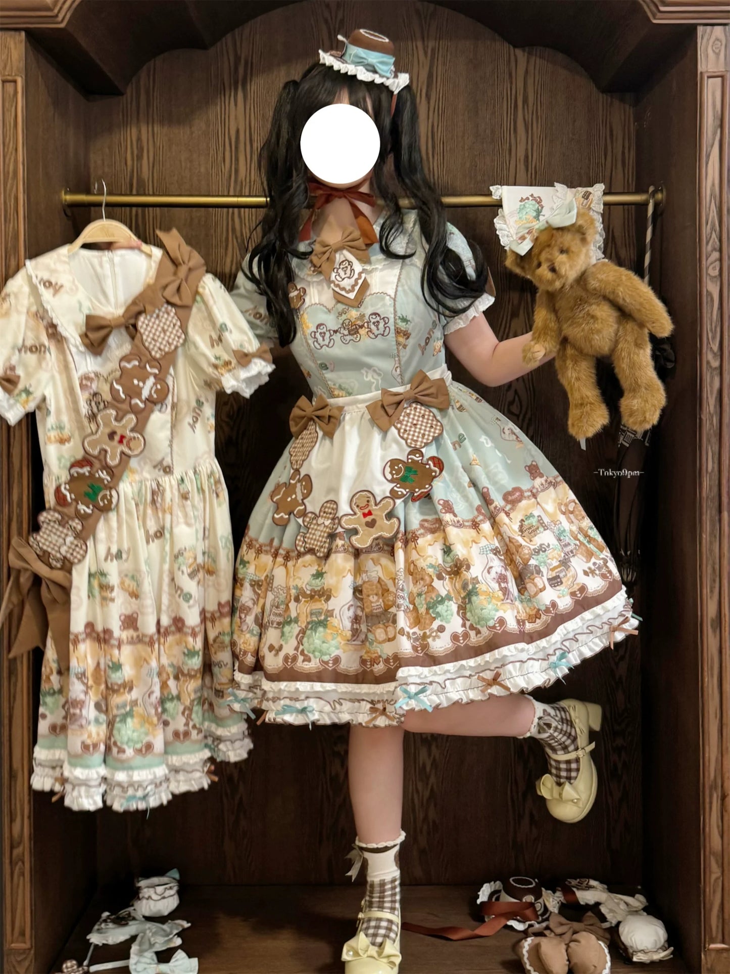 Babyblue - Little Bear Honey Jar - Kawaii Lolita Short Sleeve OP Gingerbread Man Embroidered Dress