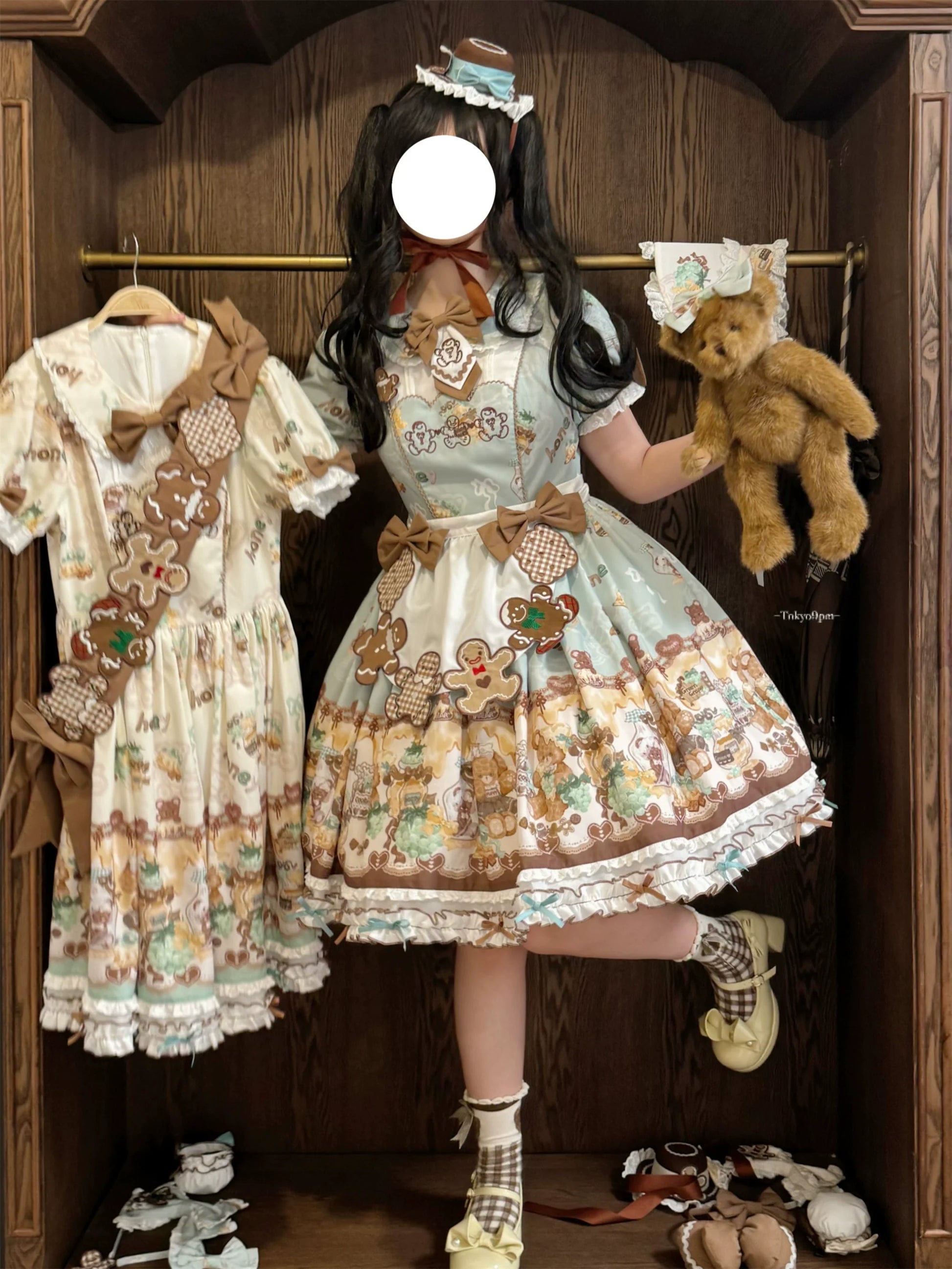 Babyblue - Little Bear Honey Jar - Kawaii Lolita Short Sleeve OP Gingerbread Man Embroidered Dress