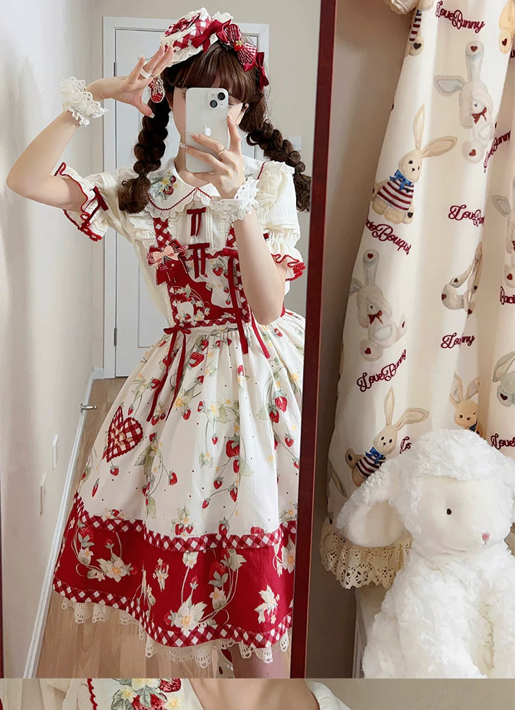 Piggy Bun - Sweet Lolita Shirt Strawberry Embroidery Ivory Blouse