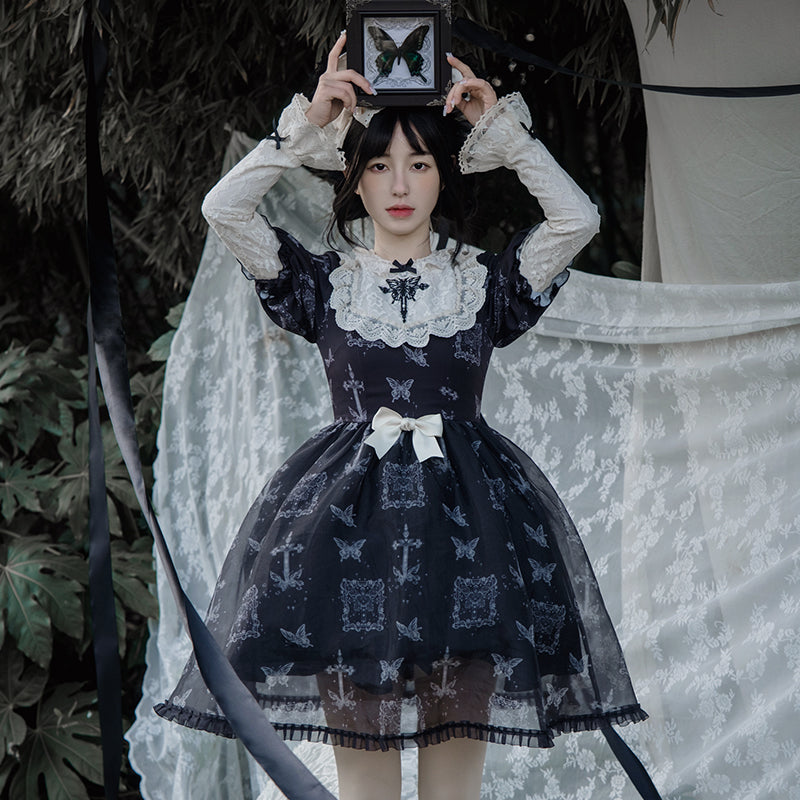 With PUJI - Gothic Butterfly Printing Embroidery Lolita OP
