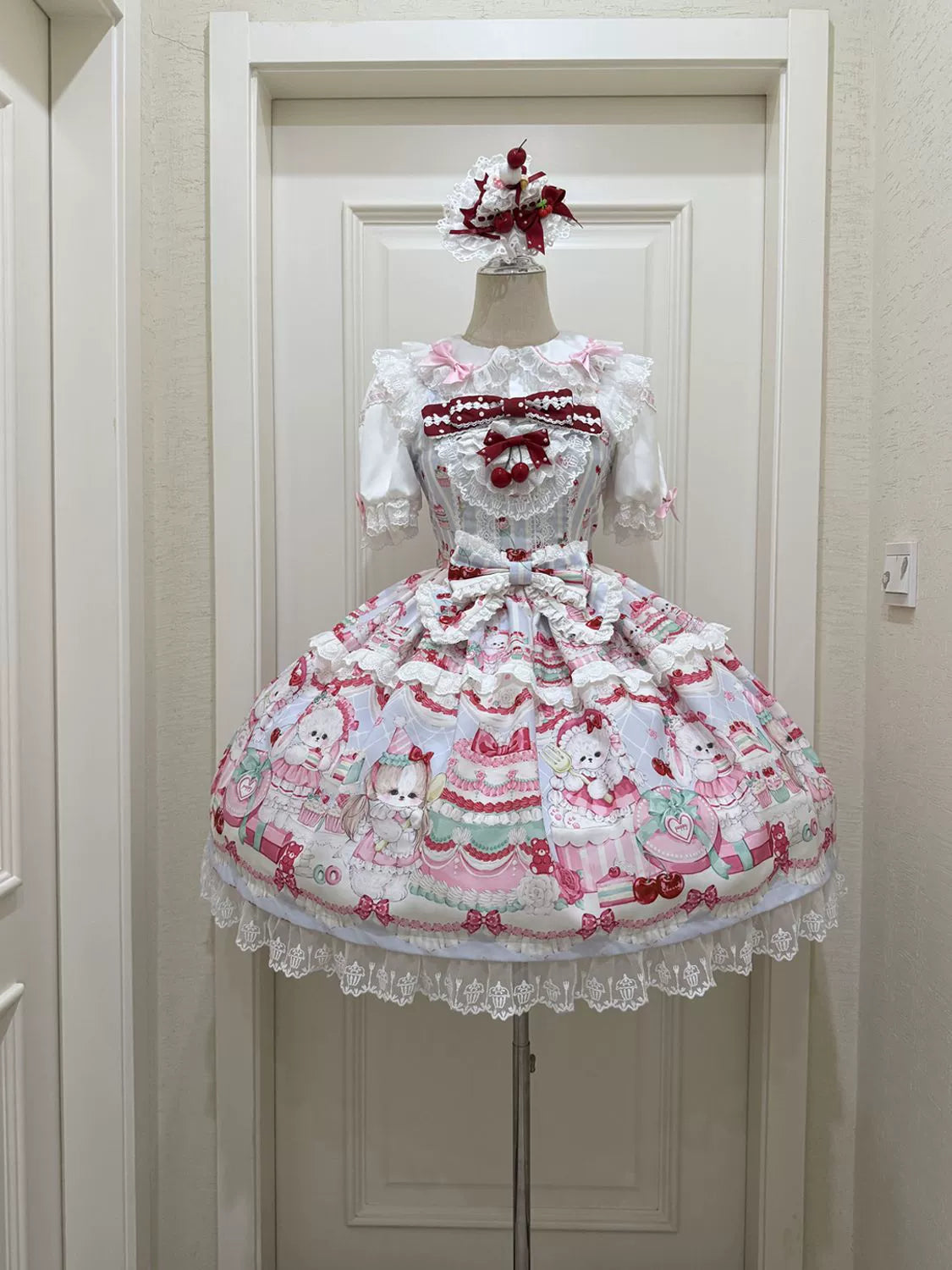 Hanguliang - Cherry Bake Song - Kawaii Lolita JSK Dress With Dessert Print & Cherry Bow