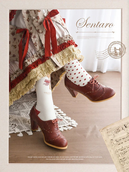 Sentaro - Retro Lolita Heel Shoes Handmade Perforated Strap Leather Shoes