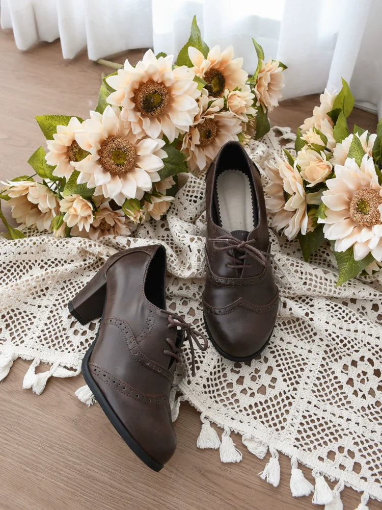 Sentaro - Retro Lolita Heel Shoes Handmade Perforated Strap Leather Shoes