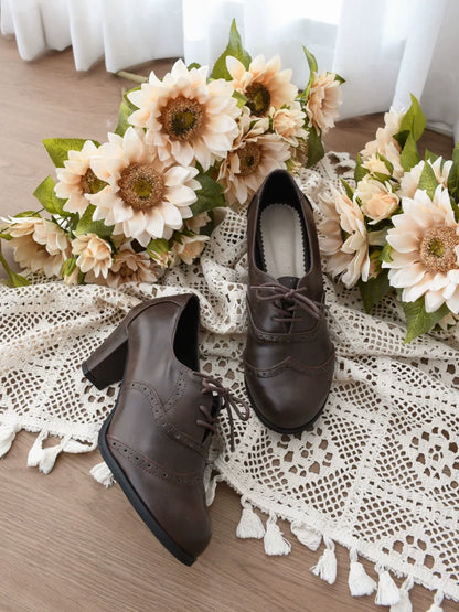 Sentaro - Retro Lolita Heel Shoes Handmade Perforated Strap Leather Shoes