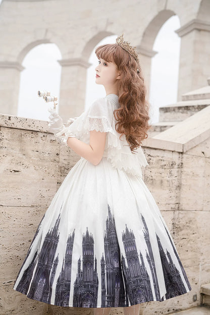 Cornfield Lolita - Silent Church - Gothic Lolita JSK Front Open Printed Dress and Thin Cardigan Set
