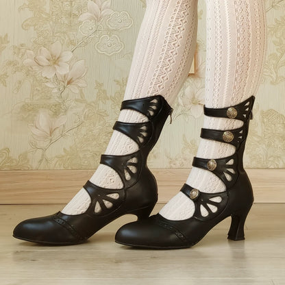 Sentaro - Floral Carved - Vintage Lolita Shoes Mary Jane Hollow-out Ankle Boots