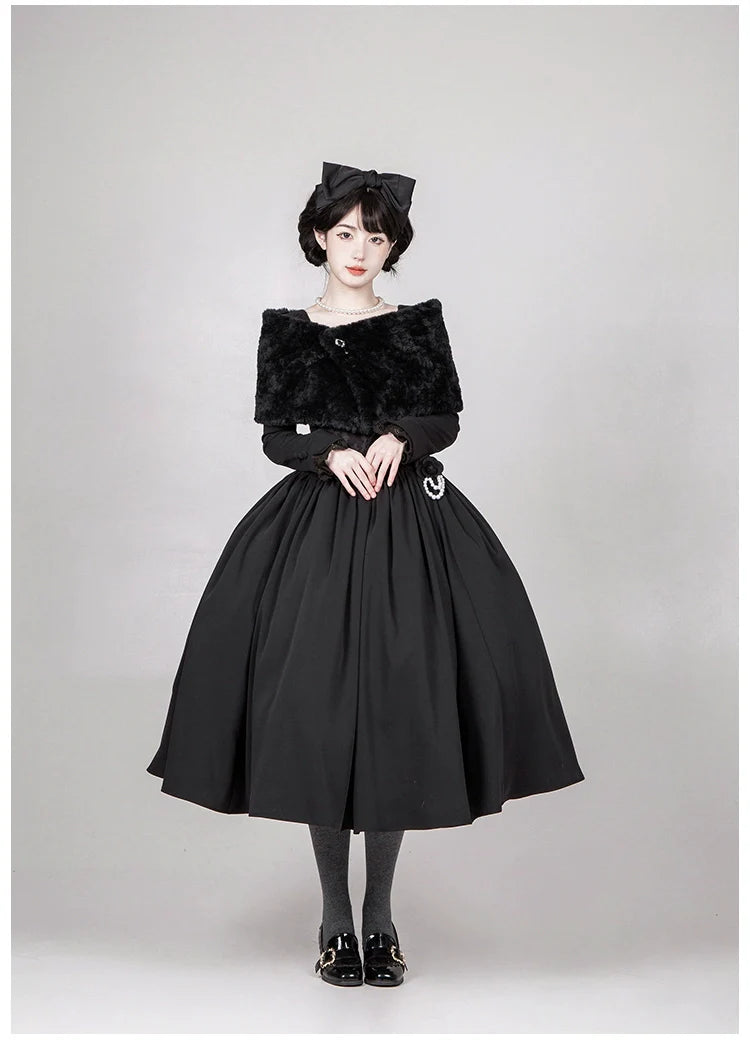 With PUJI - Old Testament - Classic Lolita Coat Black Plush Lolita Cape and Brooch