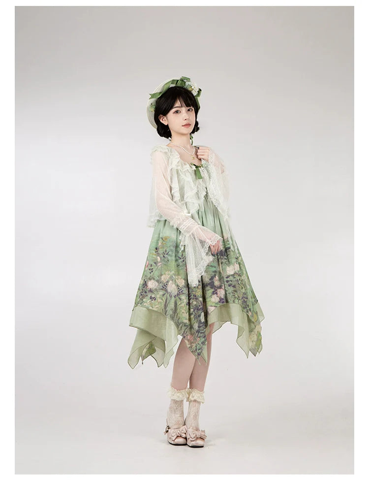 With PUJI - Blooming Rose - Chiffon Classic Lolita Dress Set Painting Styled OP & JSK