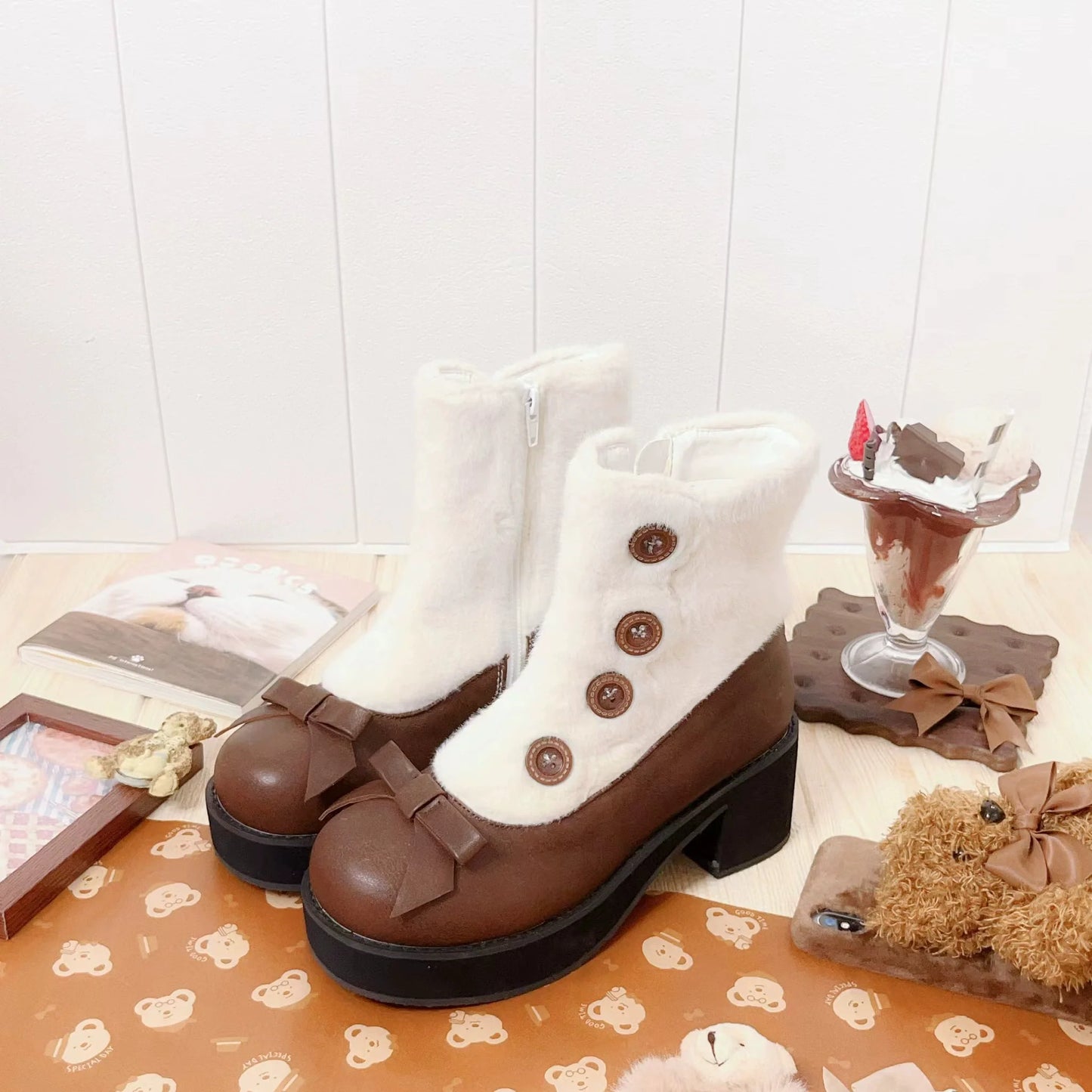 Dolly Doll - Winter Lolita Boots Fur Mary Jane Lolita Low Heel Shoes