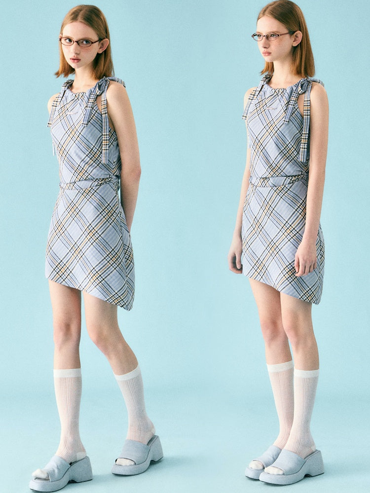 Sleeveless Check Suspender Asymmetric Dress【s0000002218】