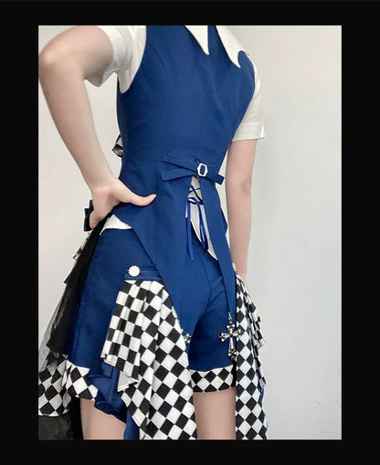 Forest Fluorescent Carps - The Judge's Game - Dark Blue Ouji Lolita Tailored Vest, Shorts Outfit