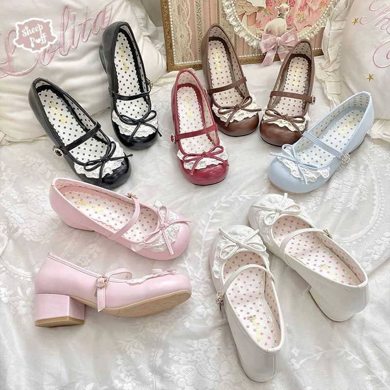 Sheep Puff - Young Layla - Vintage Lolita Shoes Low Heel Butterfly Shoes