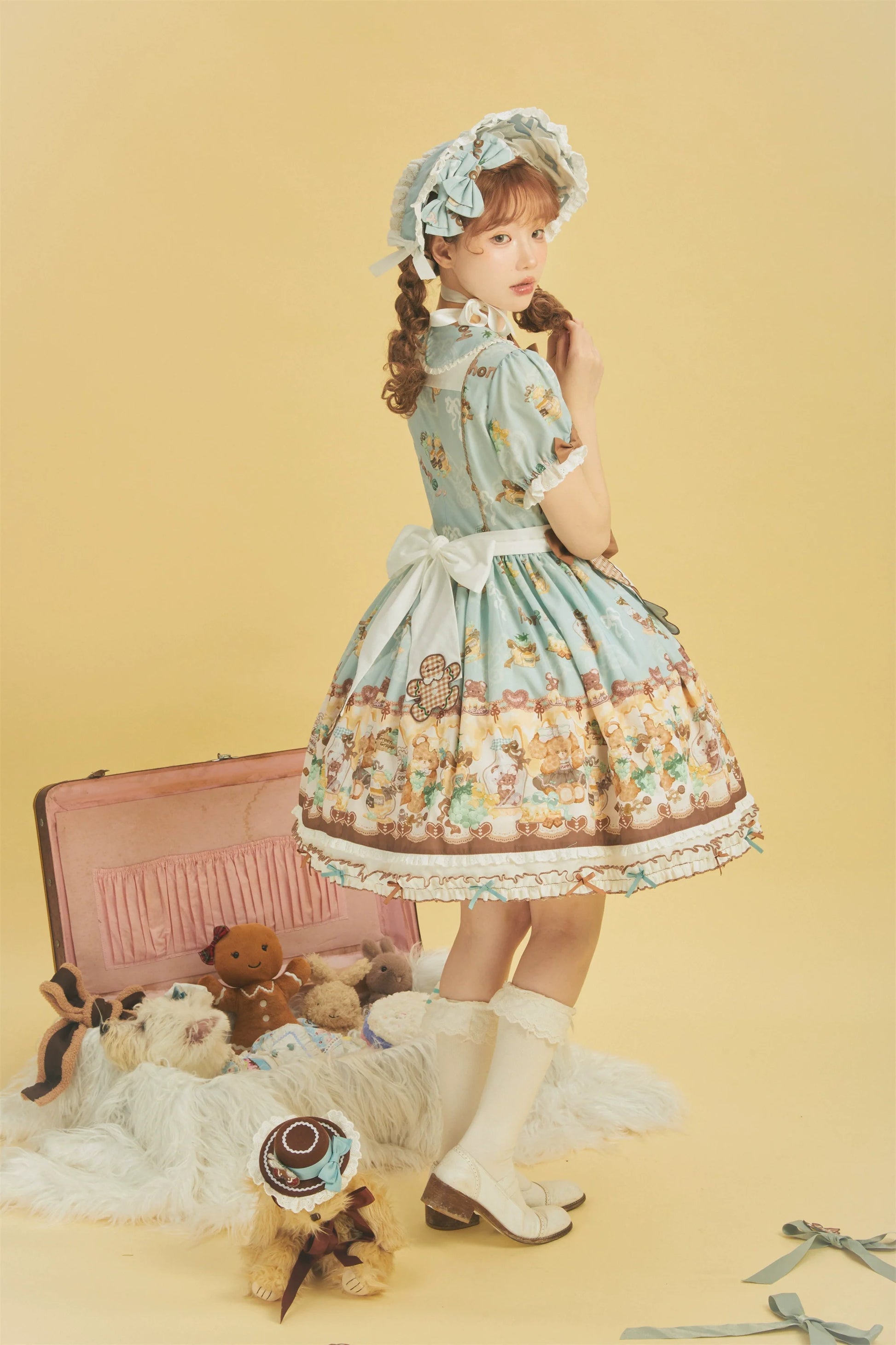 Babyblue - Little Bear Honey Jar - Kawaii Lolita Short Sleeve OP Gingerbread Man Embroidered Dress
