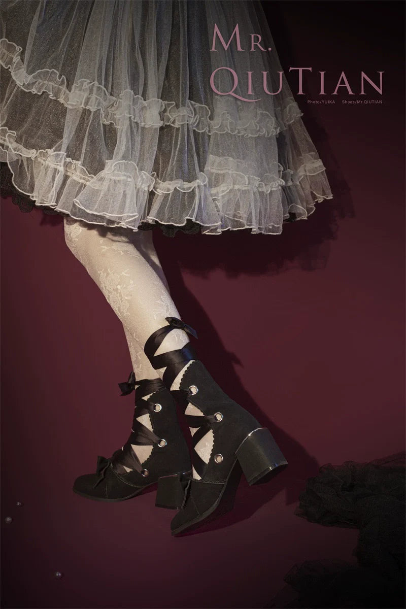 MR.Qiutian - Muse Kiss - Elegant Lolita Shoes Lace-up Bow Heels Round Toe