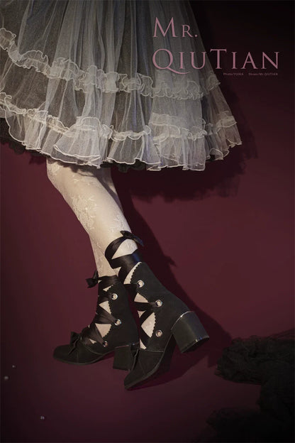 MR.Qiutian - Muse Kiss - Elegant Lolita Shoes Lace-up Bow Heels Round Toe
