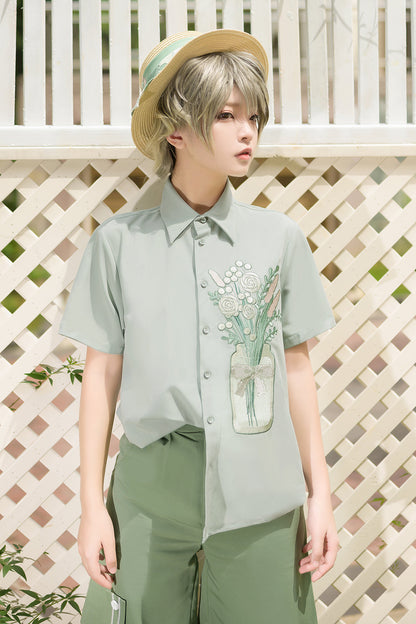 Princess Chronicles - Limited Flowering Time - Retro Green Flower Embroidery Shirt