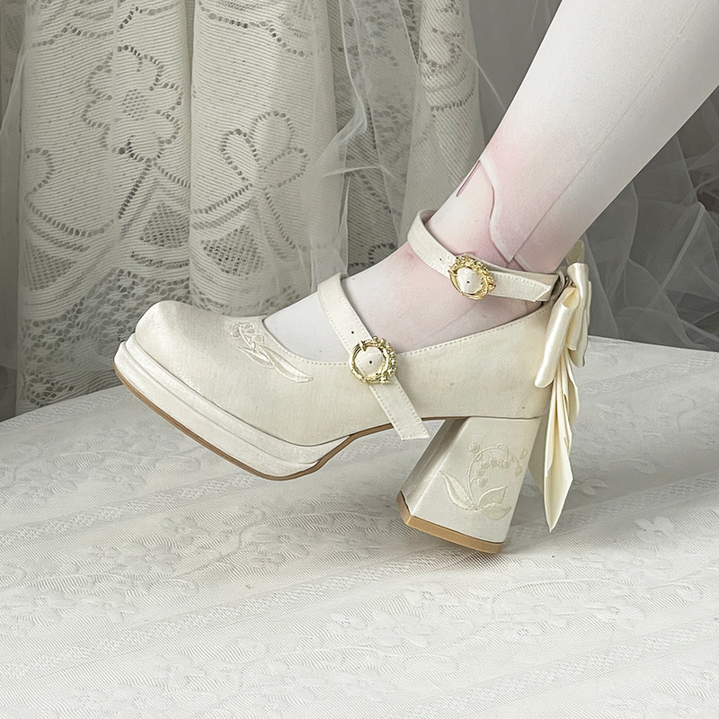 Dreamland - Dreamlike Lily of the Valley - Classic Lolita Platform Shoes with Back Large Bow