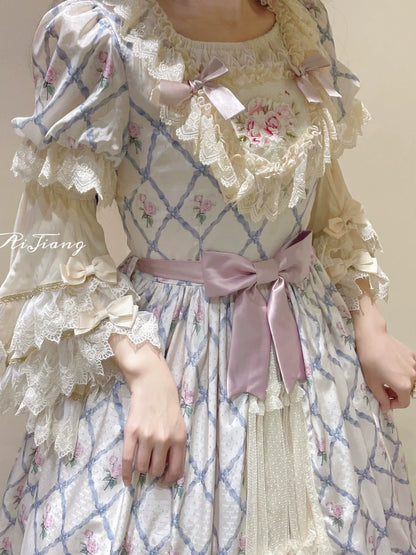 Moon River - Elegant Lolita OP Dress Short Sleeve Square Neckline Print Dress