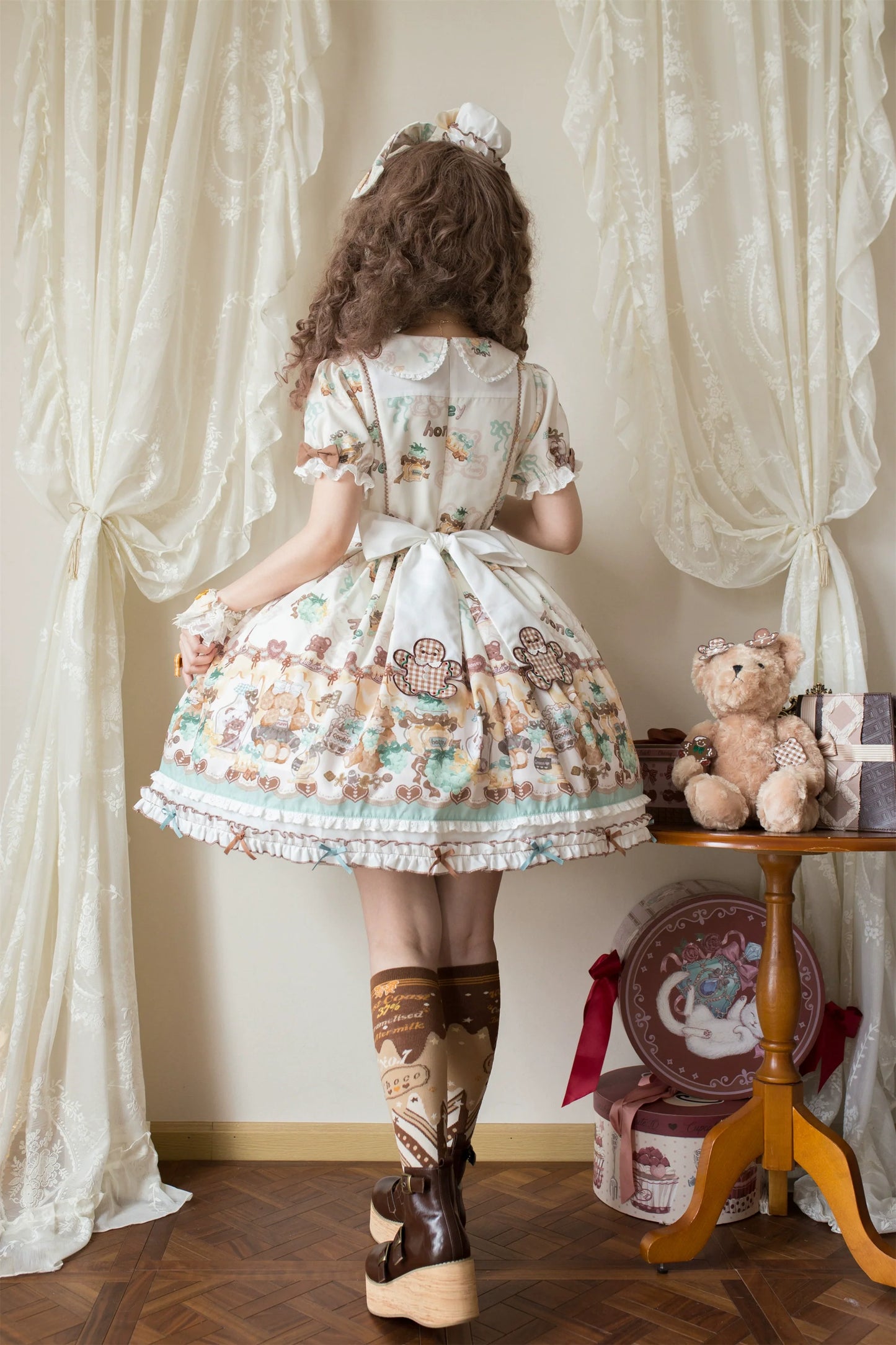 Babyblue - Little Bear Honey Jar - Kawaii Lolita Short Sleeve OP Gingerbread Man Embroidered Dress