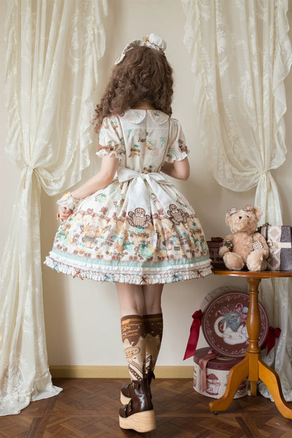 Babyblue - Little Bear Honey Jar - Kawaii Lolita Short Sleeve OP Gingerbread Man Embroidered Dress