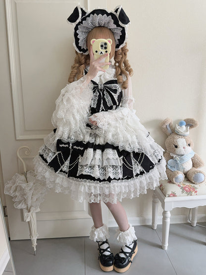 Hanguliang - Cross Heart Knot - Sweet Lolita JSK Suit Tiered Ruffles Dress with Lace Blouse