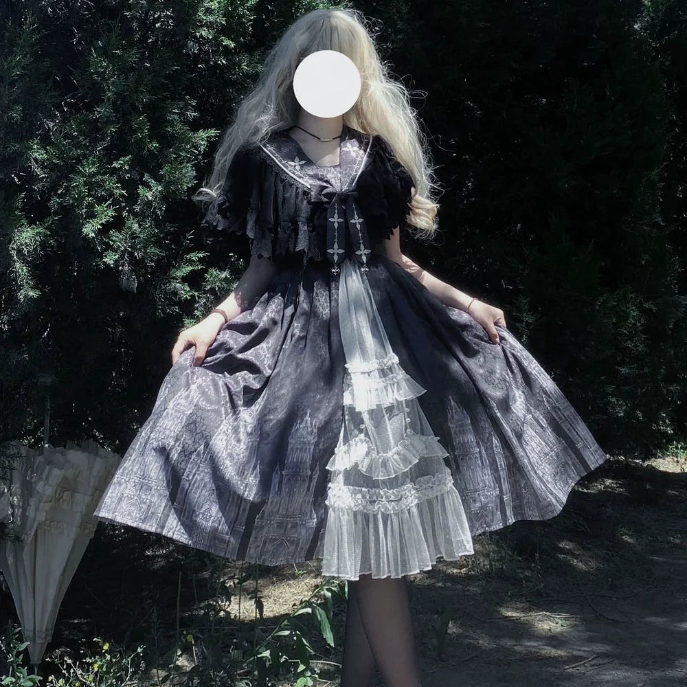 Cornfield Lolita - Silent Church - Gothic Lolita JSK Dress Printed Dress Thin Shawl Set