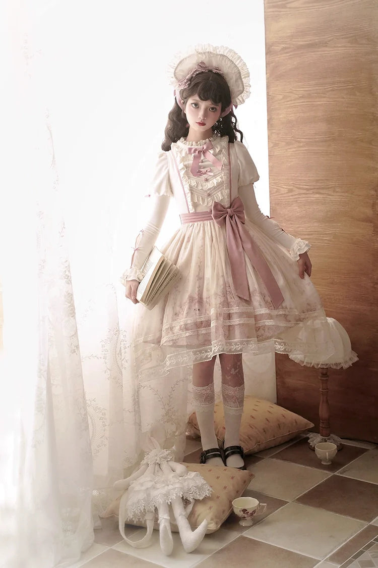Half Sweet Lolita - Doll Garden - Sweet Lolita JSK Dress Cat Print Pink Dress Set