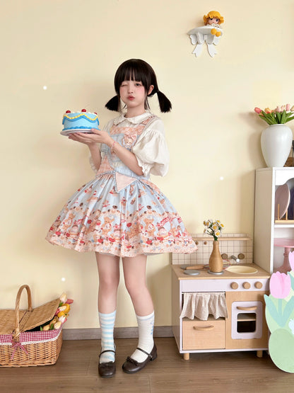 White Tea Story - Little Bear Bonny - Kawaii Lolita Salopette, Bear & Dessert Print