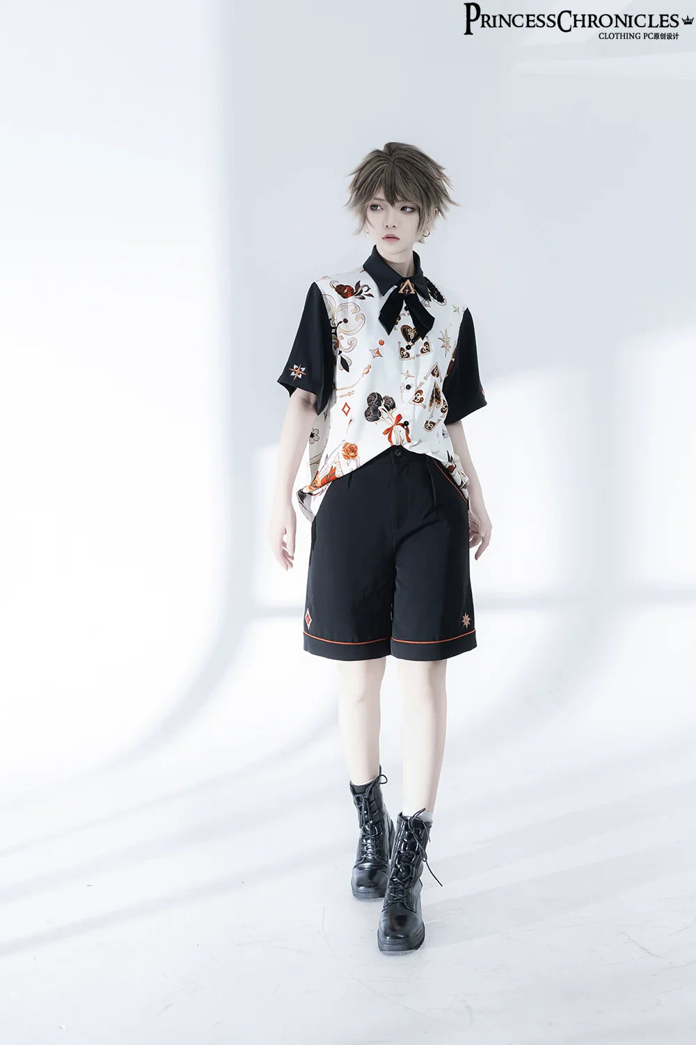 Princess Chronicles - Floral Intoxication - Retro Ouji Lolita Shirt Floral Short Sleeve Shirt and Embroidered Black Shorts