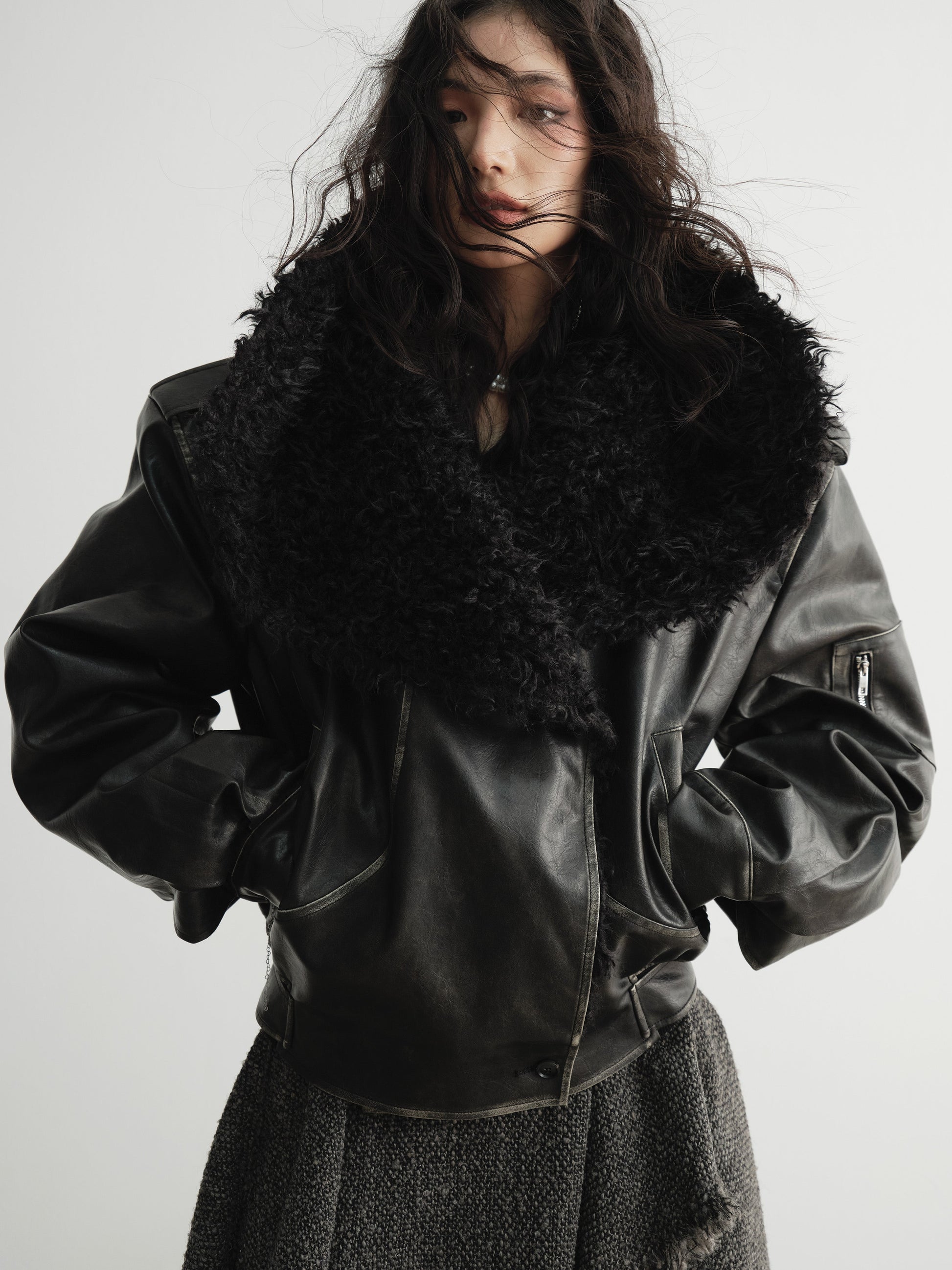 Big Fur Collar Distressed PU Leather Jacket