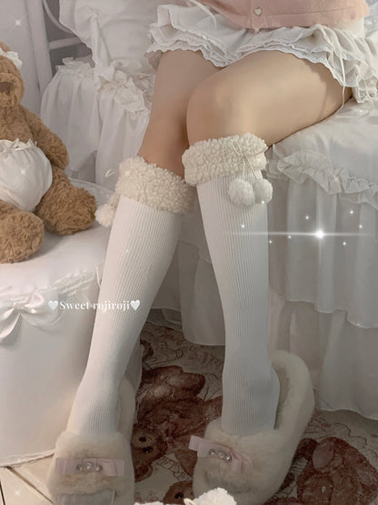 Roji Roji - Winter Fuzzy Ball Lolita Socks Over Knee Thick Socks