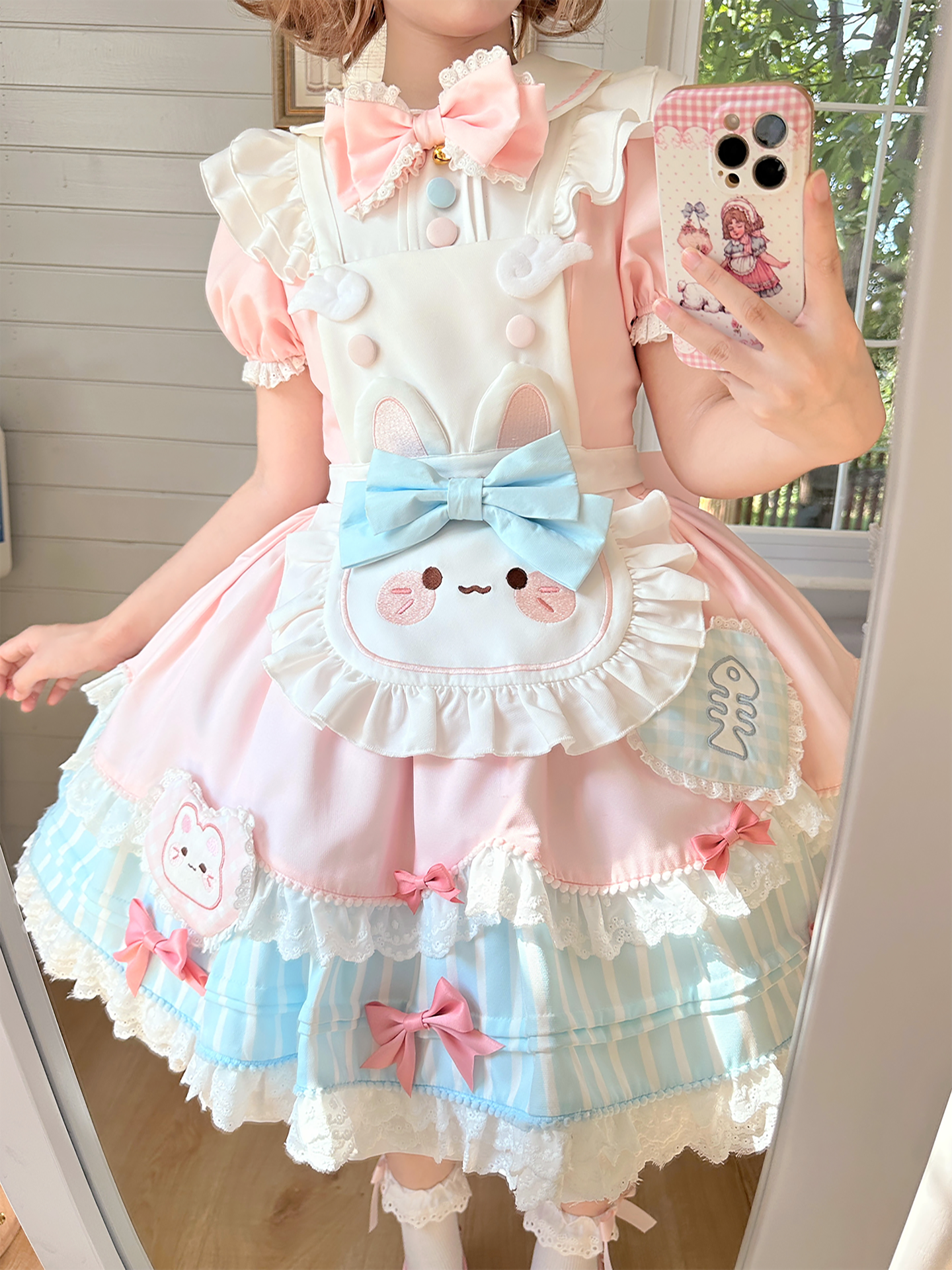 Jiuli Lolita - Nine Meow Bunny - Sweet Lolita Bunny Apron OP Dress, Back Zipper