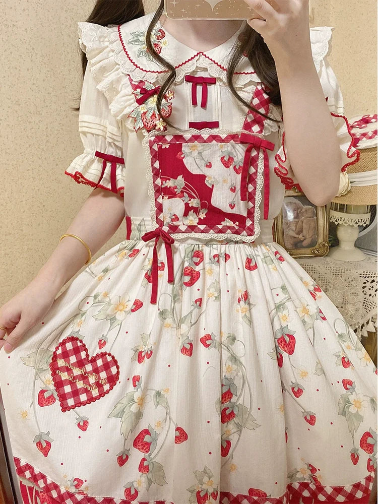 Piggy Bun - Sweet Lolita Shirt Strawberry Embroidery Ivory Blouse