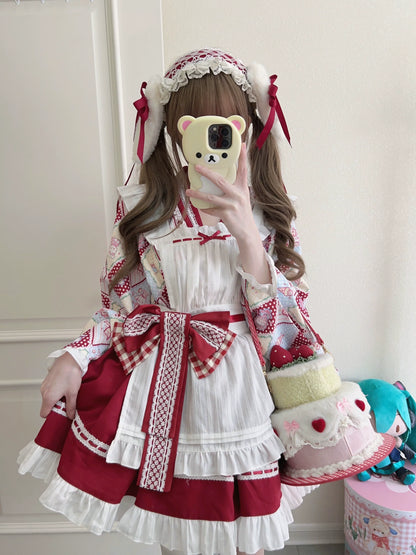 Sugar Girl - Showa Sweetness - Maid Wa Lolita Skirt Set Cute Summer Lolita Bow Apron