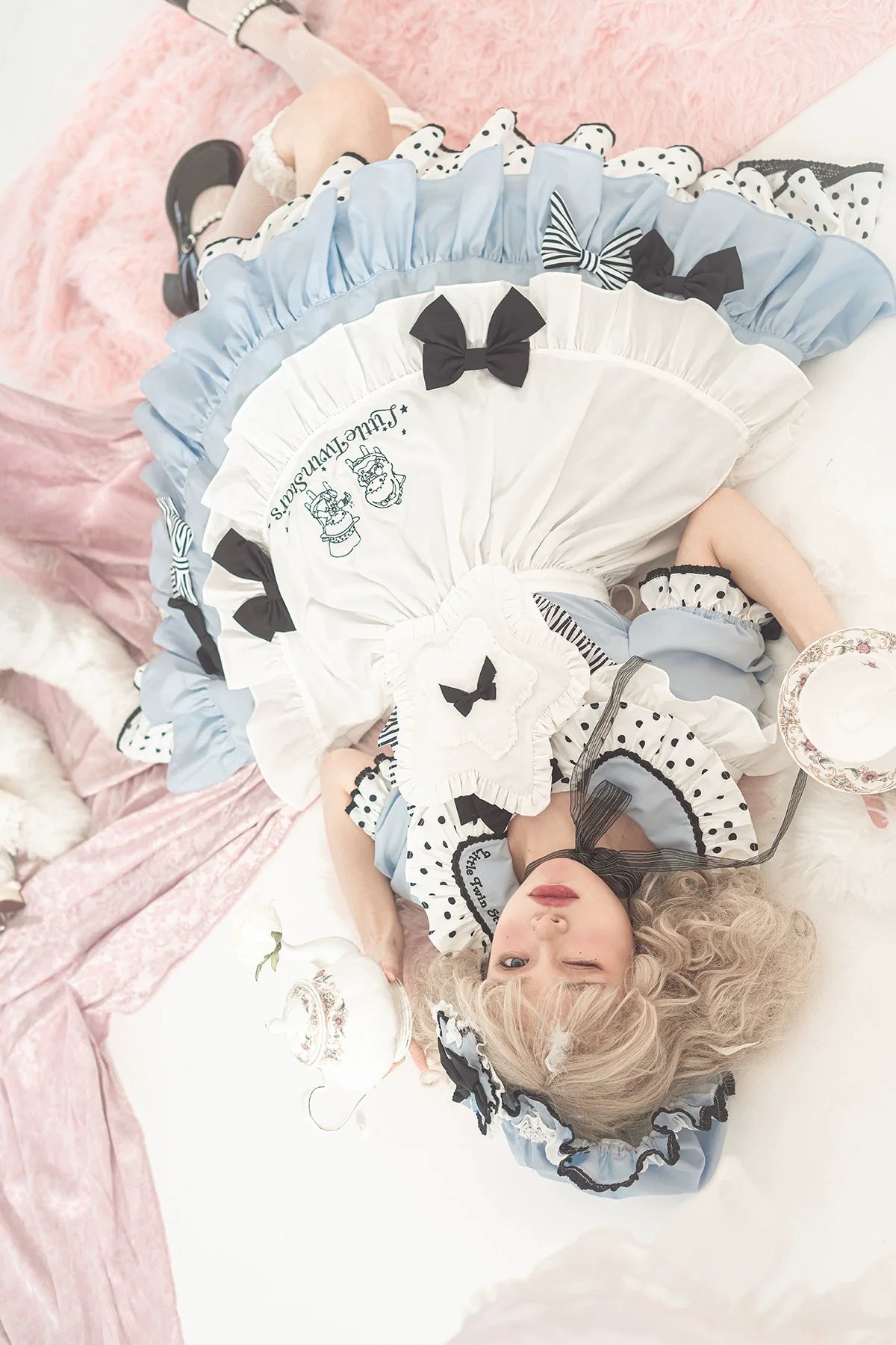 Vcastle - Sweet Lolita OP Dress Splicing Sleeve Apron Dot Print Dress