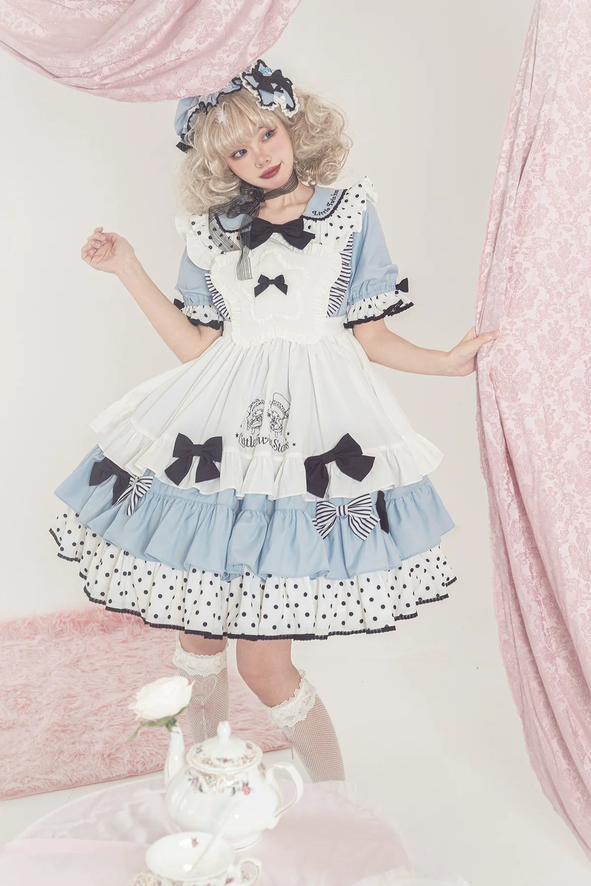 Vcastle - Sweet Lolita OP Dress Splicing Sleeve Apron Dot Print Dress