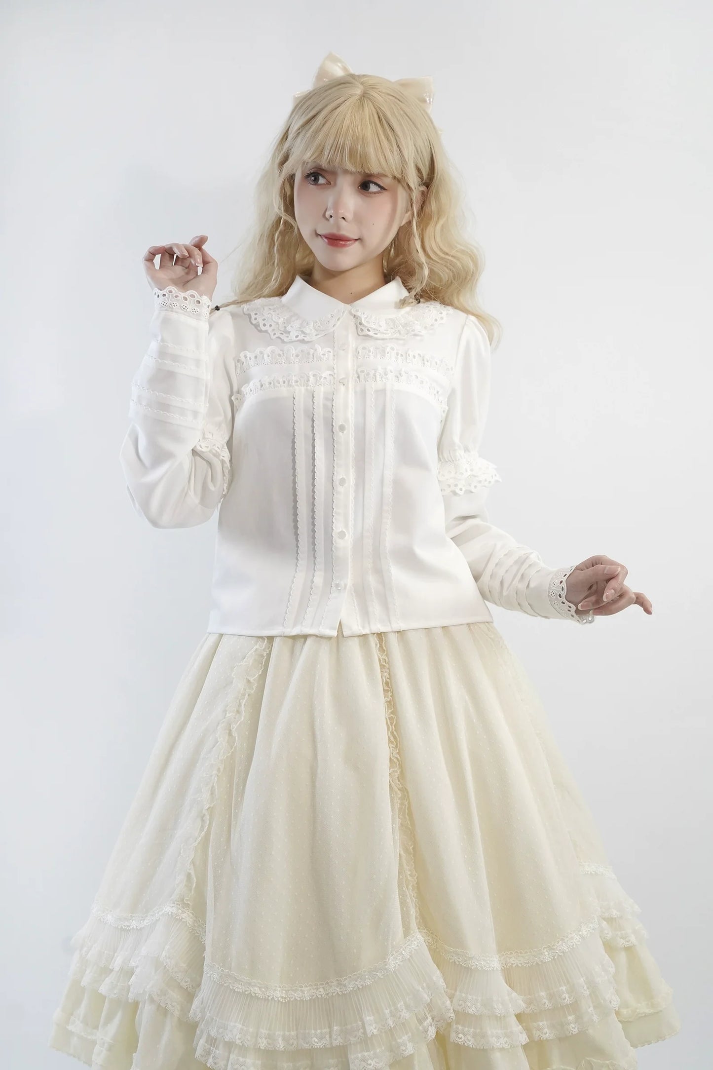 Little Dipper - Cherry Xiaobei - Daily Lolita Splicing Sleeve Lace Shirt