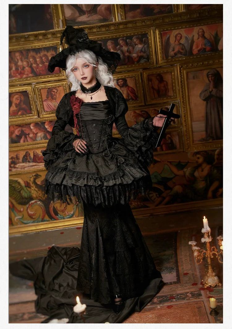 With PUJI - Letter and Poetry ﾂｷ Twilight - Black Gothic Lolita Skirt Set, Witch-Inspired