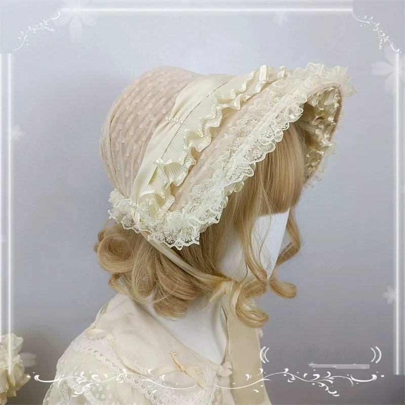 Cocoa Jam - Retro Lolita Hat Hand-basket Ivory Lace Lolita Hat Hand-basket