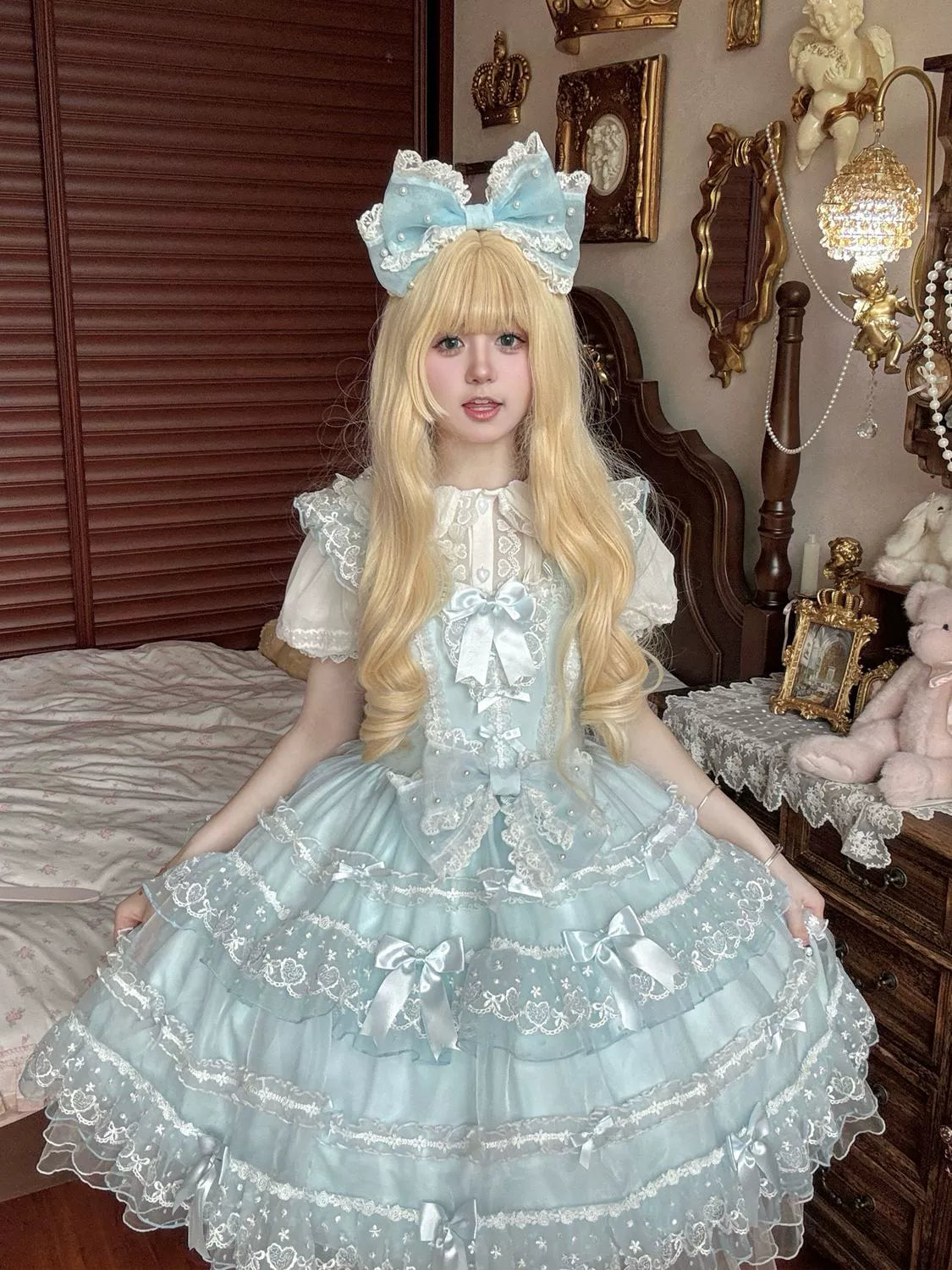 Hanguliang - Fudie Heart - Sweet Lolita JSK Dress With Tiered Skirt and Bow Trailing